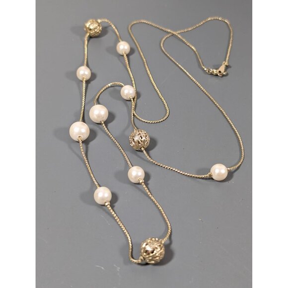 Retro Gold Tone Filigree Ball Faux Pearl Station Chain Long Layering Necklace 36 - Picture 2 of 9